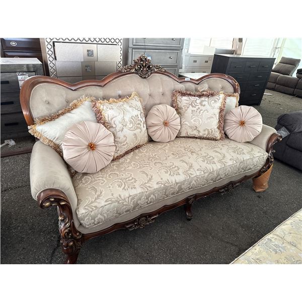 Wooden-Framed Sofa with Button Tufting and Decorative Cushion Set