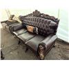 Image 2 : Carved Wood and Faux Leather Upholstered Three-Seater Sofa