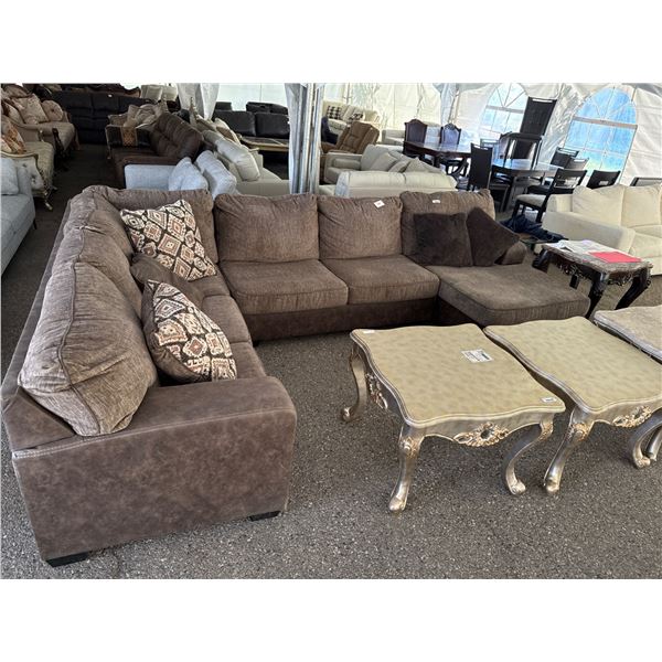 Sectional Sofa with Brown Upholstery , U shaped with Chaise Lounge and Complementary Throw Pillows