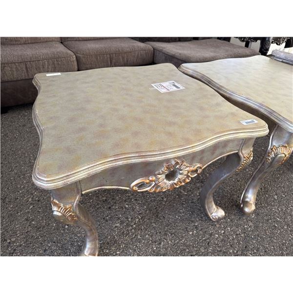 Gold-Tone Wooden Accent Table With Curved Legs and Ornate Design