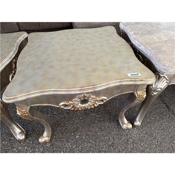 Gold-Tone Wooden Accent Table With Curved Legs and Ornate Design