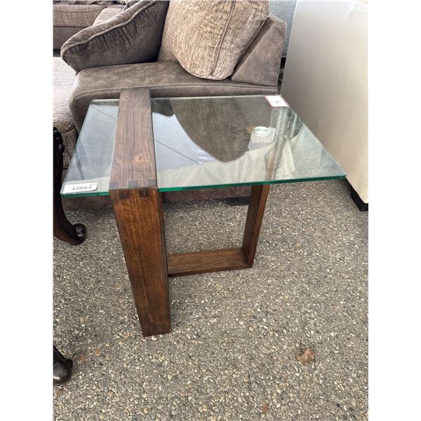 Glass-Top Wooden Side Table With Rectangular Base Design