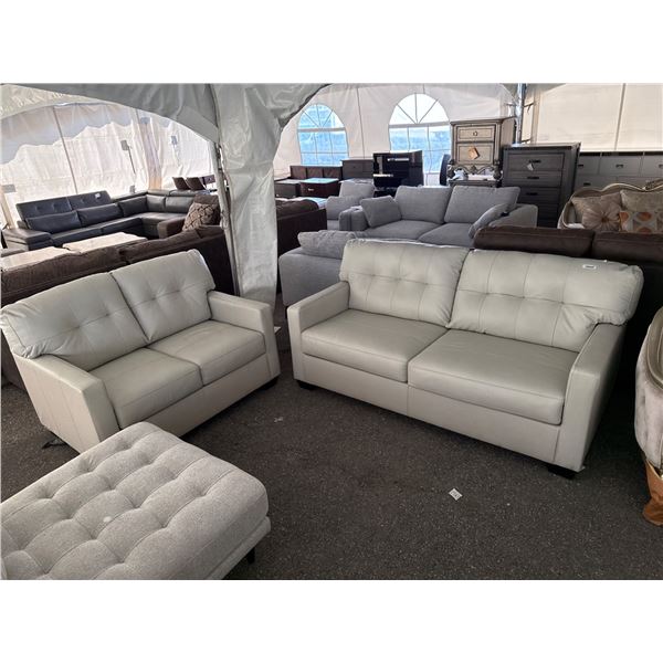 Light Gray Leather Sofa and Loveseat Set With Tufted Upholstery