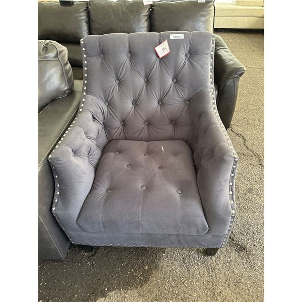 Tufted Upholstered Armchair with Studded Trim in Gray Fabric