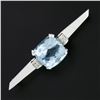 Image 2 : Vintage 14k White Gold Cushion Cut Blue Topaz & Diamond Unique Bar Pin Brooch