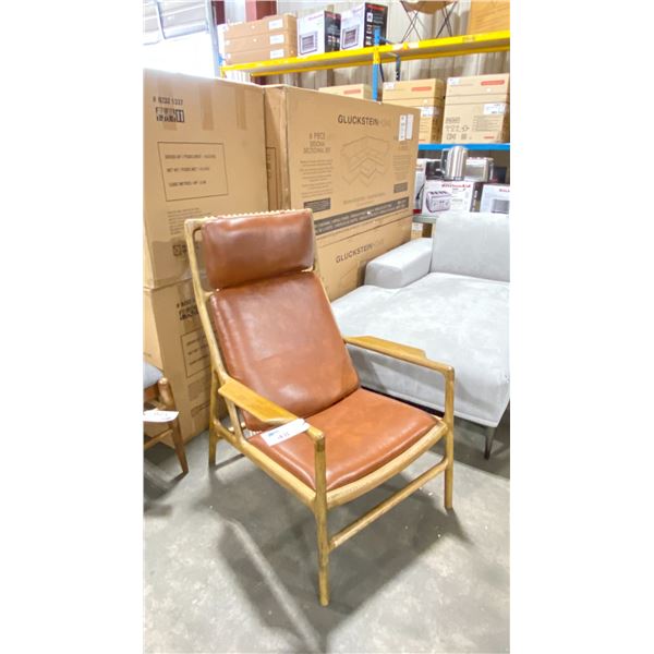 BROWN LEATHER OAK FRAMED DESIGNER ACCENT LOUNGE CHAIR