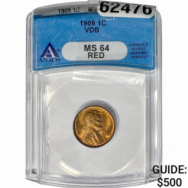 1909 VDB Wheat Cent ANACS MS64 RED