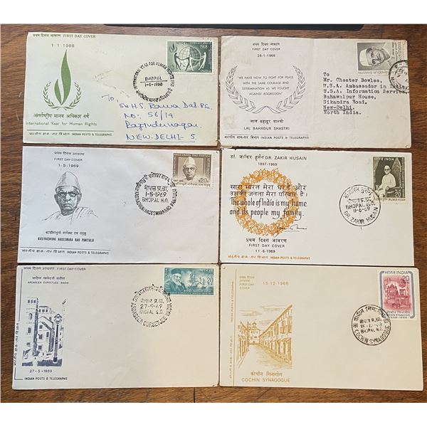 6 First Day issue postage stamps and envelopes from India 1960’s