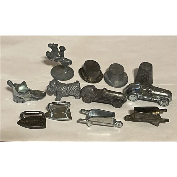 12 vintage metal Monopoly game pieces