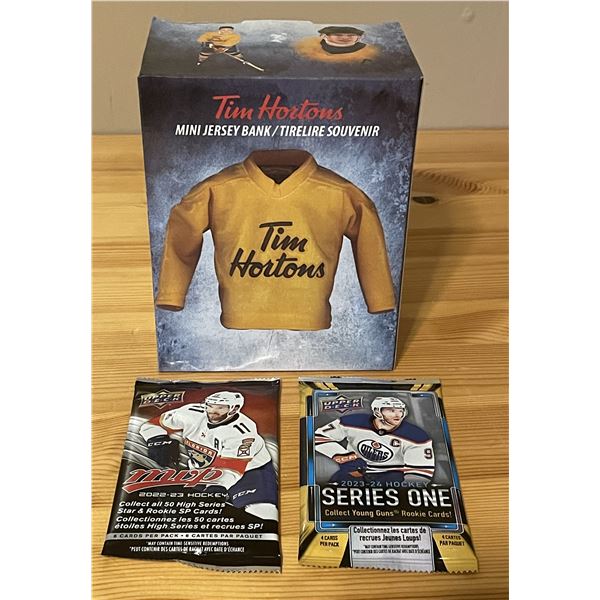 Upper Deck sealed hockey card packs 2023,24 plus Tim’s jersey bank