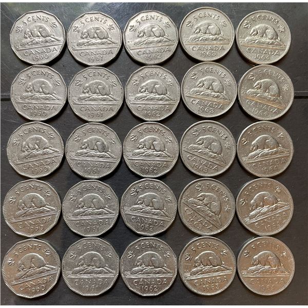 25 Canada nickel 5 cents 1960-64 5 of each