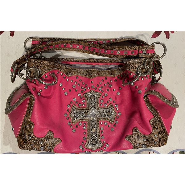 Western style faux leather with rhinestones shoulder purse 12” long x 9” high