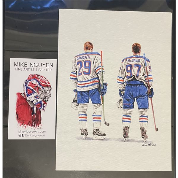 Connor McDavid Leon Draisaitl Edmonton Oilers watercolor print by Mike Nguyen 5 inches x 7 inches  B