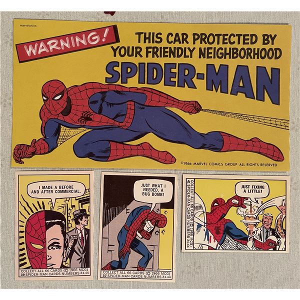 1966 Spider-Man bumper sticker and trading cards. Repros