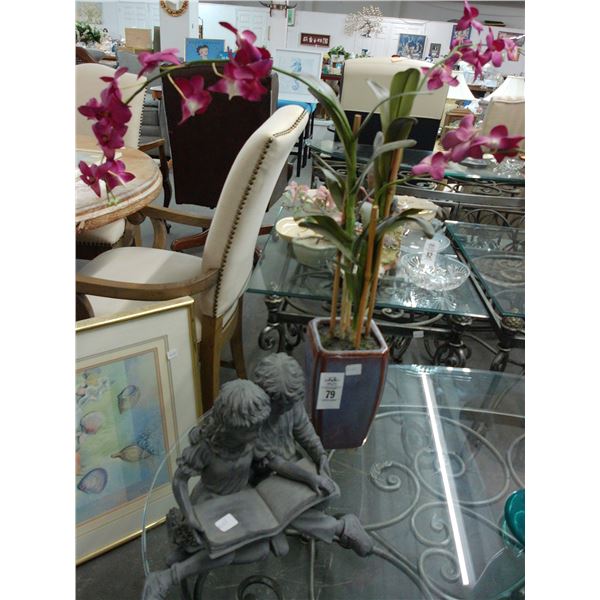Potted Silk Floral, Plastic Statuary Kids Reading