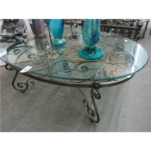 Ornamental Iron Base Glasstop Oval Coffee Table/End/Hall Tables - 4 Pc.