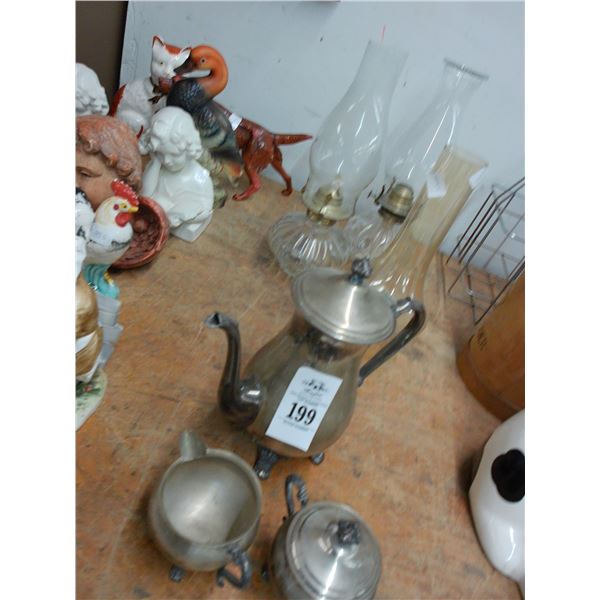 Oil Lamps, Silverplate Pitcher, Creamers
