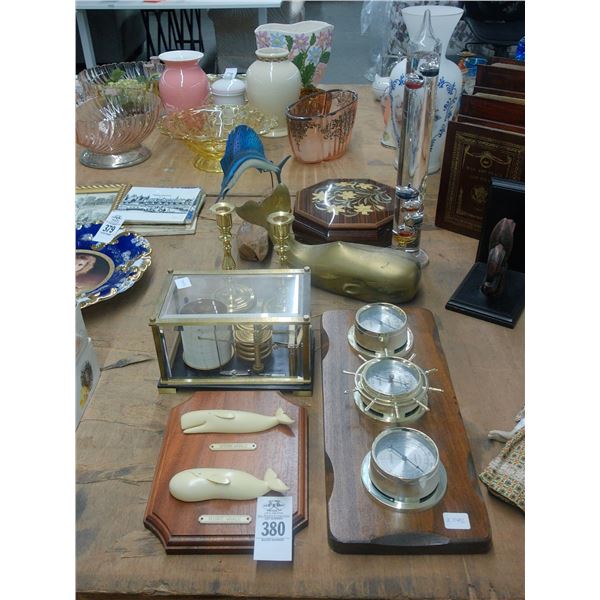 Barometer, Brass Whale, Candlesticks,, Nautical Décor