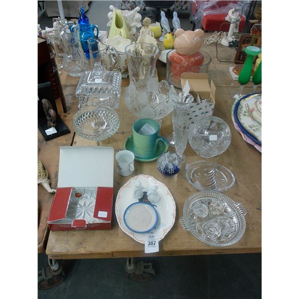 Art Glass Paperweight Bowl, Crystal Pitcher, Vase, Table Items
