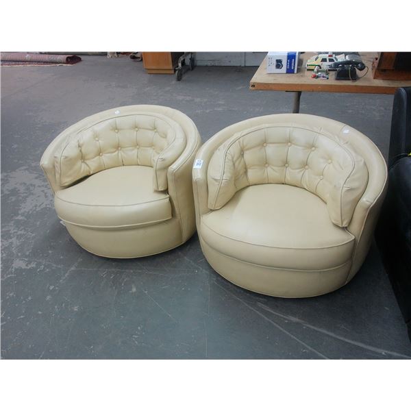 Beige Leather Vintage Round Tufted Swivel Chairs - Pair