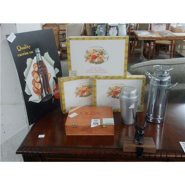 Cigar Boxes, Canisters, Shelf Hanger, Coca Cola Tin