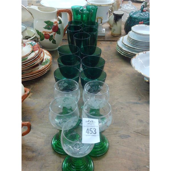 Green Glass/Etched Stemware Set
