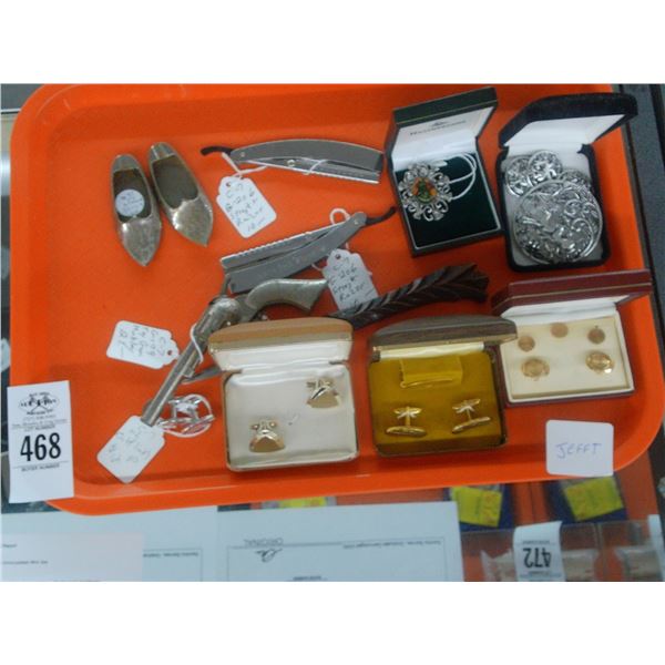 Cuff Links, Straight Razors, Pins, Vintage Toy Gun