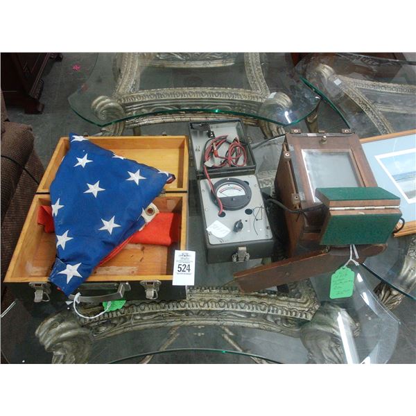Vintage Photo Printing Box, Battery Tester, Folded Flag w/Box