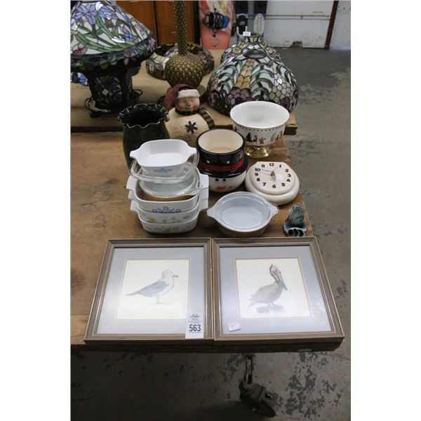Bakeware, Lavatory Clock, Snowman Jars, Needlepoint Bird Art