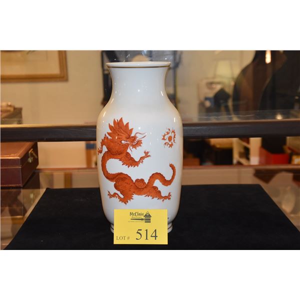 MEISSEN VASE W/RED MING DRAGON (DRILLED IN BASE FOR LAMP) (14") (DOES NOT INCLUDE STAND)