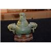 Image 3 : CHINESE SERPENTINE JADE CENSER W/LID & FOO DOG HANDLES & STAND (6 1/2")