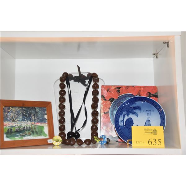 MIXED LOT: FRAMED WATERCOLOR, KUKUI LEI, WINE STOPPERS, HAWAII CHRISTMAS PLATE (5 PCS)