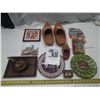Image 1 : Lot of (2) Ceramic Tiles (For Wall Decoration), Wooden Shoes, Christine Marshall Plate, Wooden -Bowl