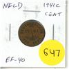 Image 1 : Newfoundland 1941c Cent. Minted in Ottawa because of World War II. EF-40.