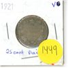 Image 1 : 1921 V.G Canadian Silver 25 Cent Coin