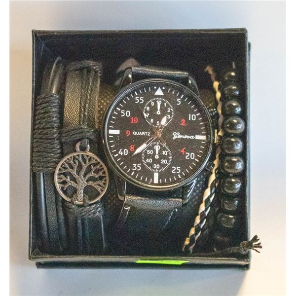 MENS GENEVA QUARTZ WATCH BLACK WITH BRACELETS NEW