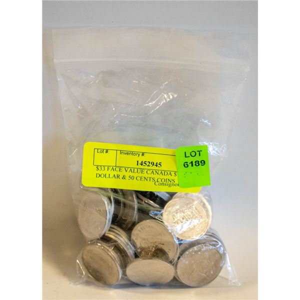 $33 FACE VALUE CANADA $1 DOLLAR & 50 CENTS COINS