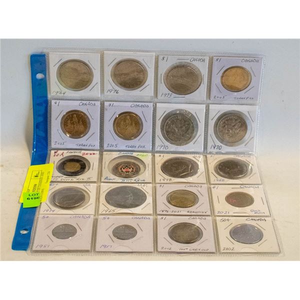 COINS - SHEET OF CANADIAN AND FOREIGN COINS