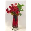 Image 1 : KROSNO RED VASE W/BUBBLE BASE+DECORATIVE FLOWERS