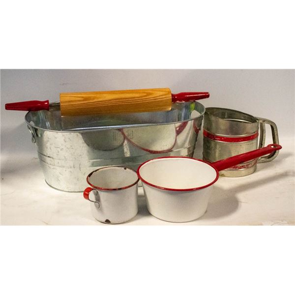 VINTAGE ENAMEL, ROLLING PIN & SIFTER IN METAL