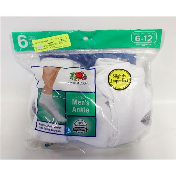 ANKLE SOCKS WHITE 6-12 SIZE 6-PACK FRUIT OF THE