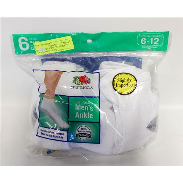 ANKLE SOCKS WHITE 6-12 SIZE 6-PACK FRUIT OF THE