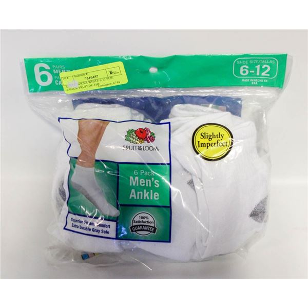 ANKLE SOCKS WHITE 6-12 SIZE 6-PACK FRUIT OF THE