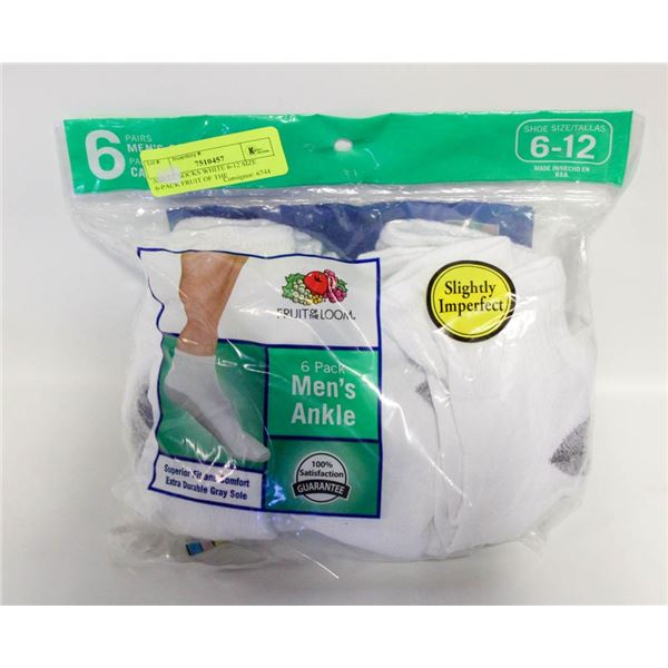 ANKLE SOCKS WHITE 6-12 SIZE 6-PACK FRUIT OF THE