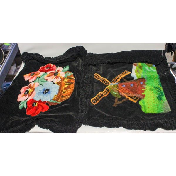 2 VINTAGE VELOUR WITH DESIGN WINDMILL & FLOWERS