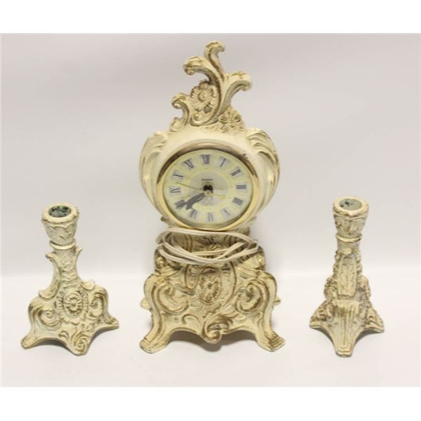 VINTAGE CASTIRON CLOCK & CANDLE HOLDERS