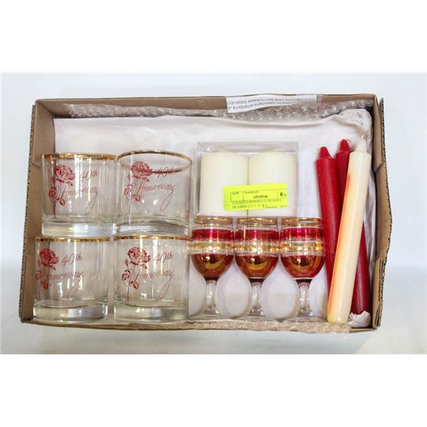 (12) GOLD-RIMMED LOW-BALL GLASSES/ CANDLES &