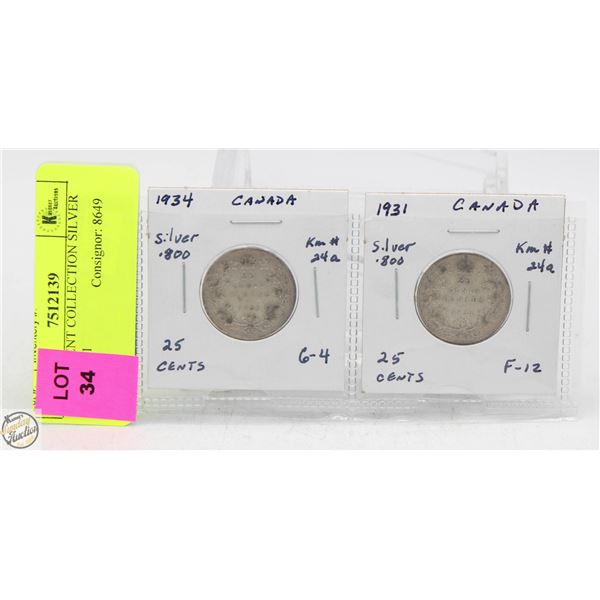 CDN 25 CENT COLLECTION SILVER 1934 + 1931