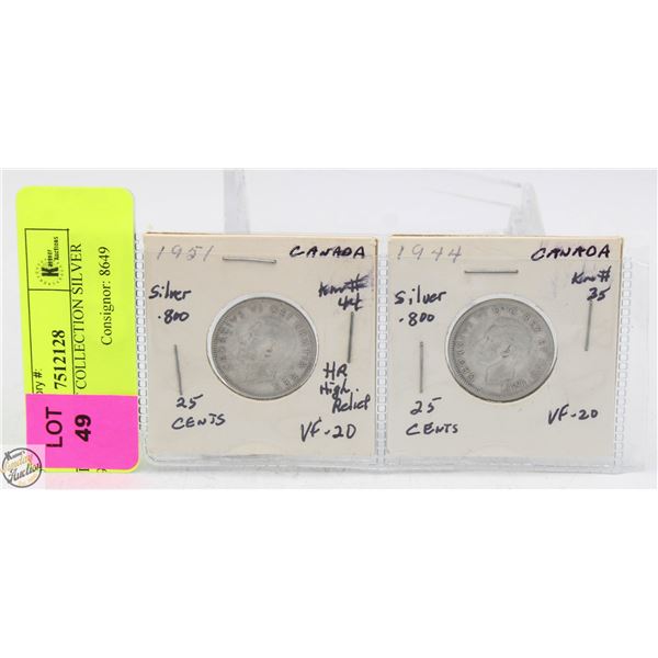 CDN 25 CENT COLLECTION SILVER 1951 + 1944
