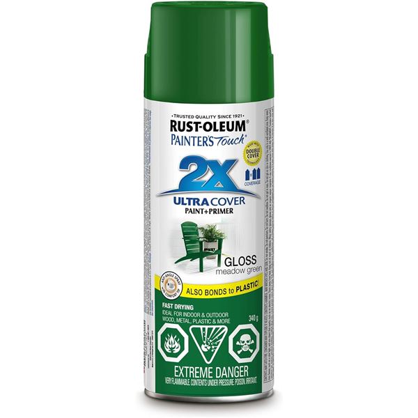 THREE 340G CANS OF RUST-OLEUM GLOSS MEADOW GREEN